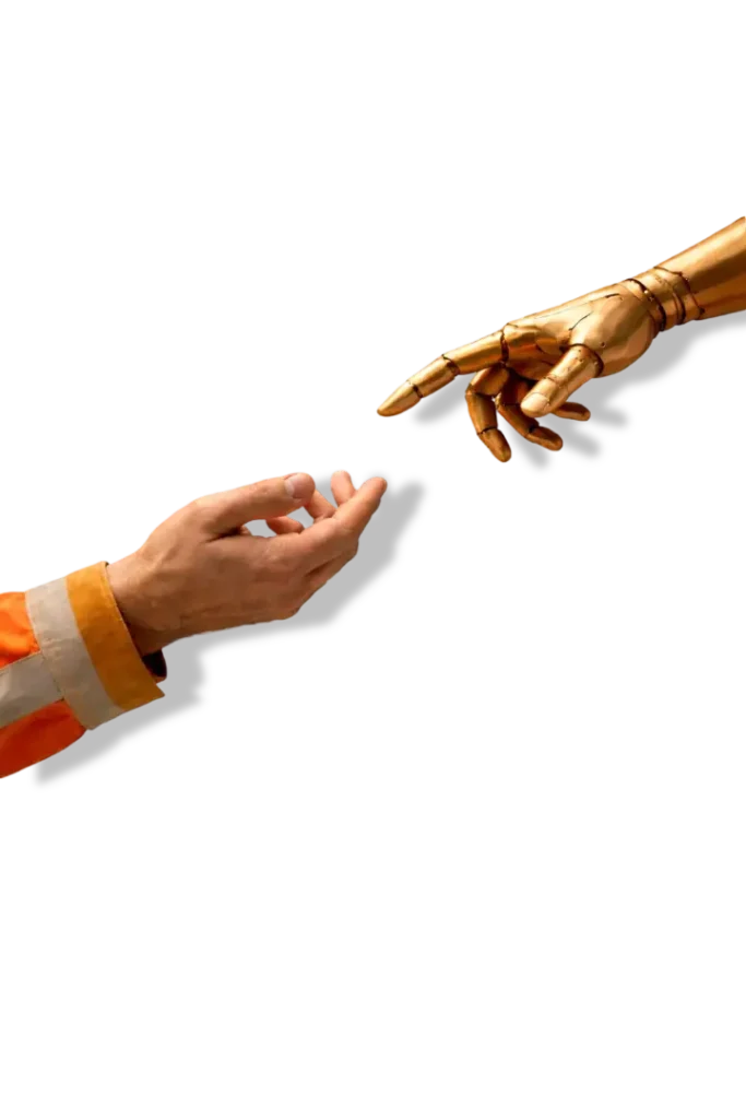 Human and robotic hands symbolizing AI-enabled real-time reporting for construction schedules, budgets, and project visibility.